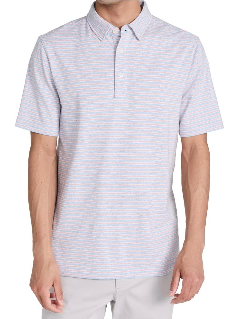 Faherty Movement Men's Medium Horizon Line Stripe Short Sleeve Polo Blue Shirt